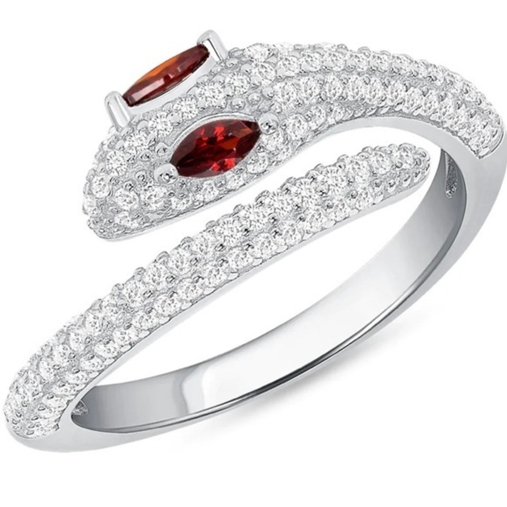 Silver 925 Rhodium Plated Red Garnet Cubic Zirconia Snake Ring